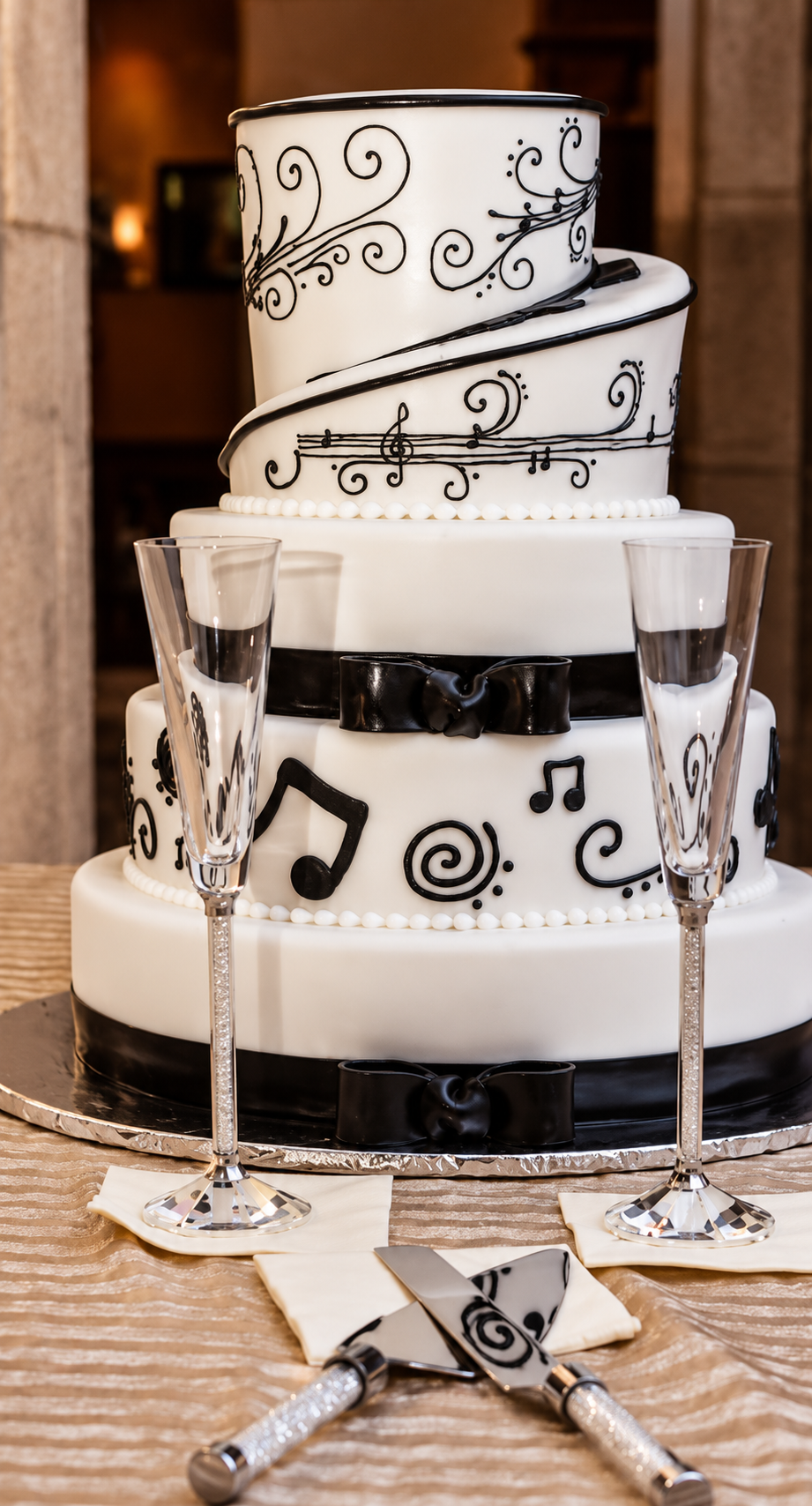 Elegant black and white music-themed wedding cake with champagne flutes
