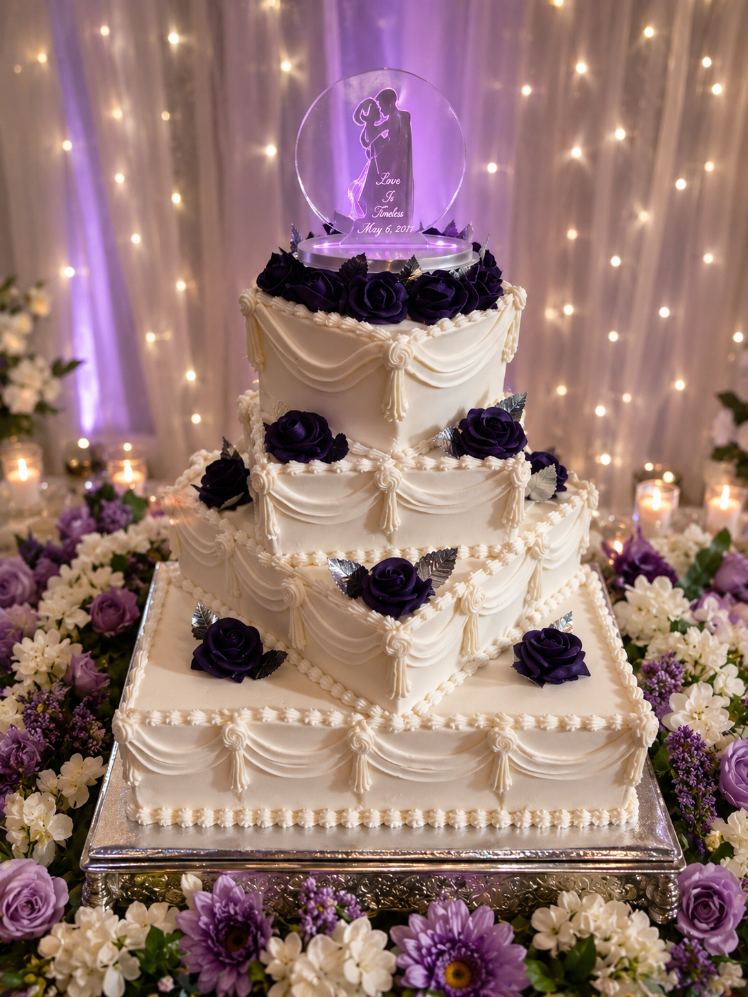 Four-tier white wedding cake with purple roses and glowing personalized topper