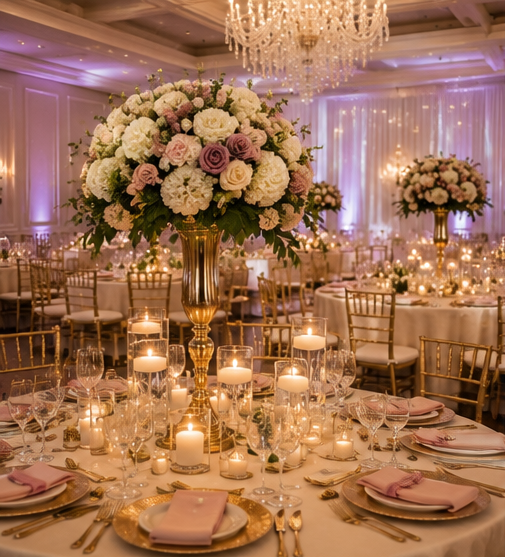 Outdoor wedding table setting with string lights