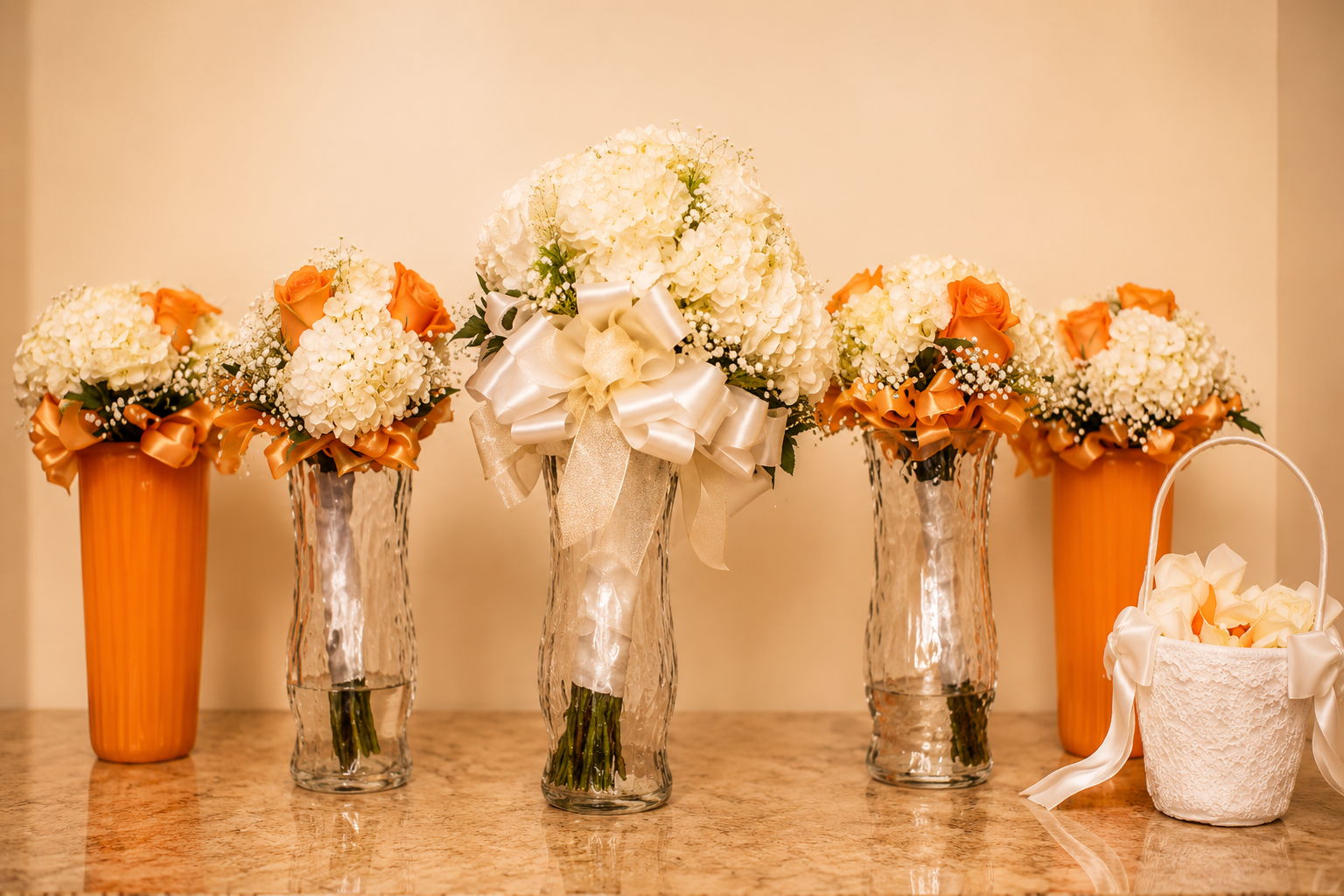 Wedding bouquets with white hydrangeas and orange roses in glass and orange vases