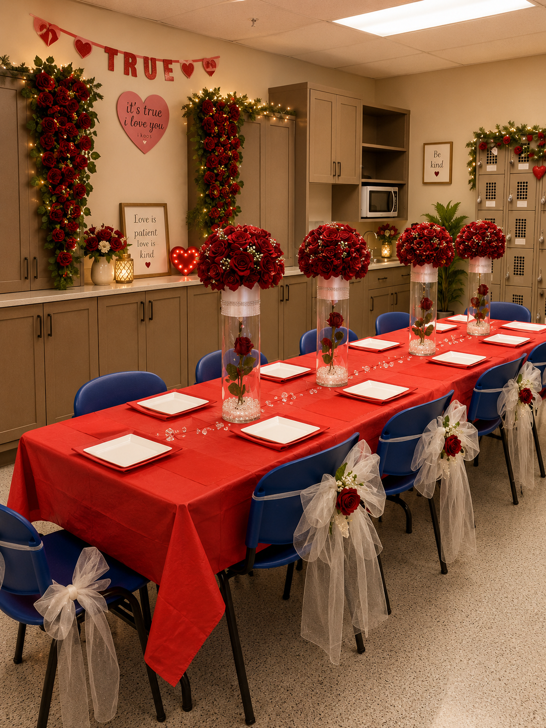 Valentine's Day banquet table with red tablecloth, white tulle chair sashes and red rose centerpieces
