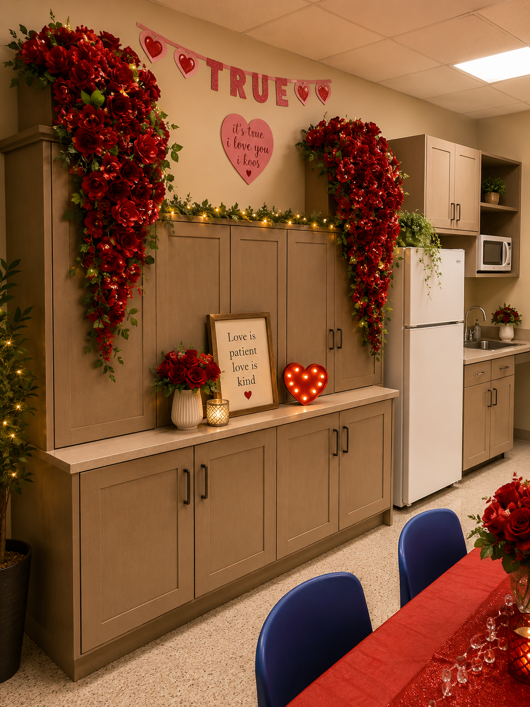 Valentine's Day kitchen décor with cascading red rose heart arches, marquee heart light and love is patient signage