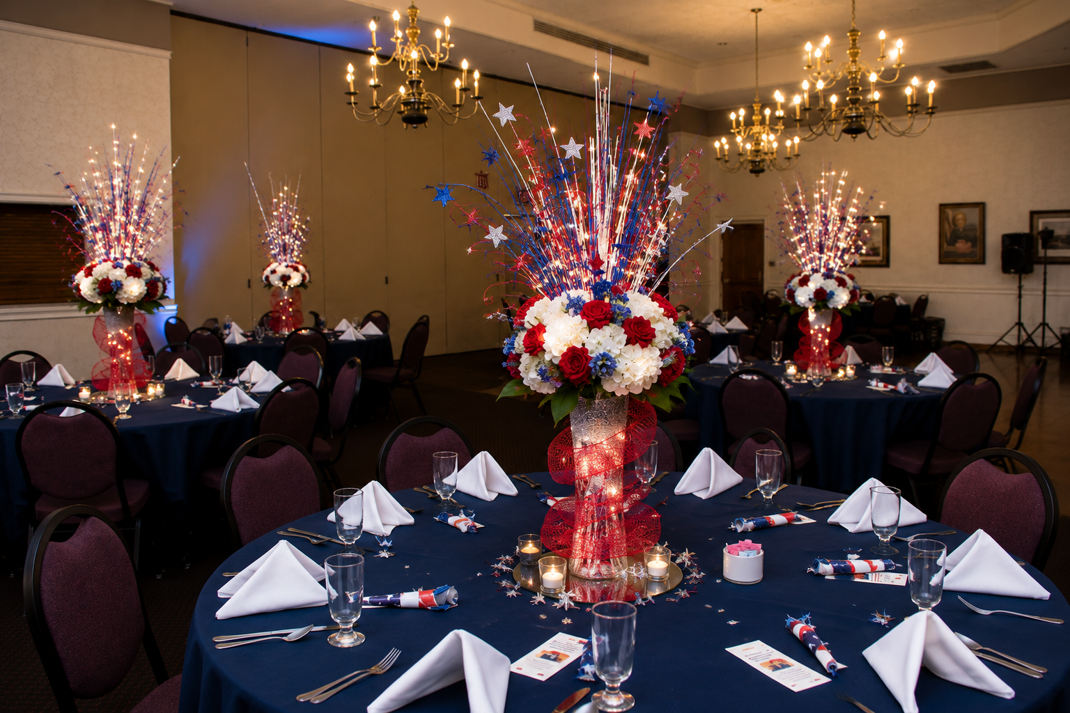 Patriotic banquet hall with navy tablecloths, red white and blue floral centerpieces with star accents and fairy lights