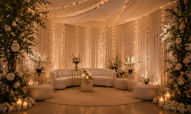 Romantic lounge setup with fairy lights and white florals