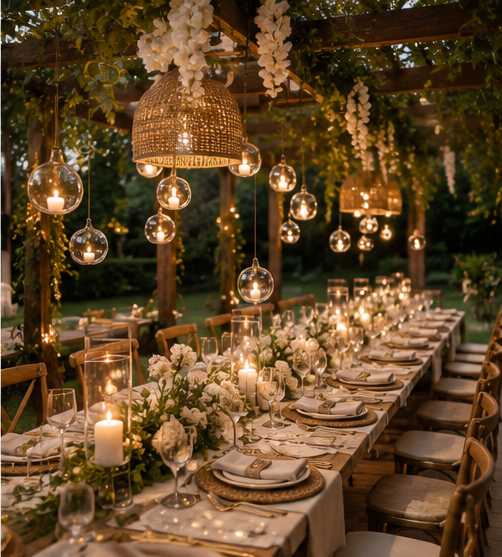 Elegant outdoor dinner table with hanging globe lights and florals